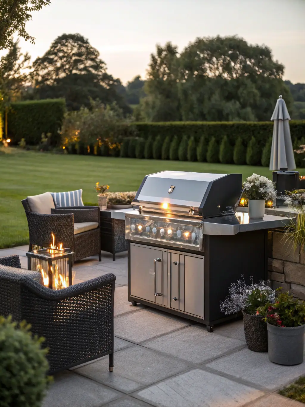 A modern outdoor kitchen with a built-in grill, countertop, and seating area, showcasing Granada Design Build's ability to create luxurious outdoor living spaces.