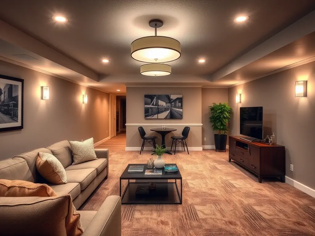 An interior shot of a newly constructed basement suite, showcasing the finished product with modern fixtures, lighting, and comfortable living spaces, emphasizing quality craftsmanship.