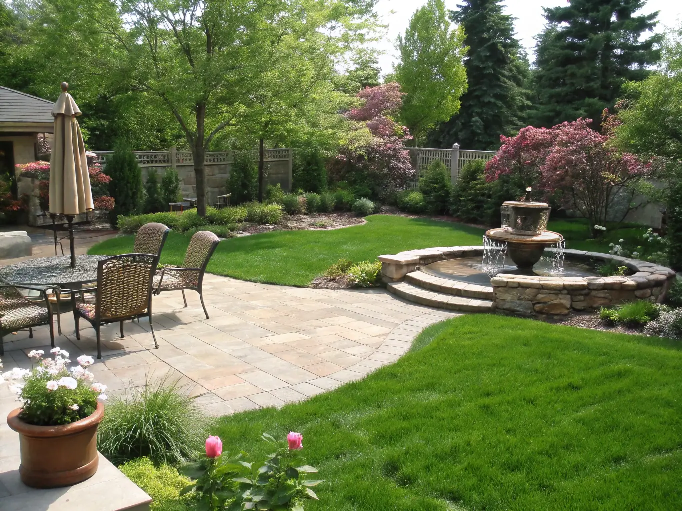 A serene outdoor space featuring a water fountain, lush greenery, and a cozy fire pit, creating a tranquil retreat for relaxation and rejuvenation.