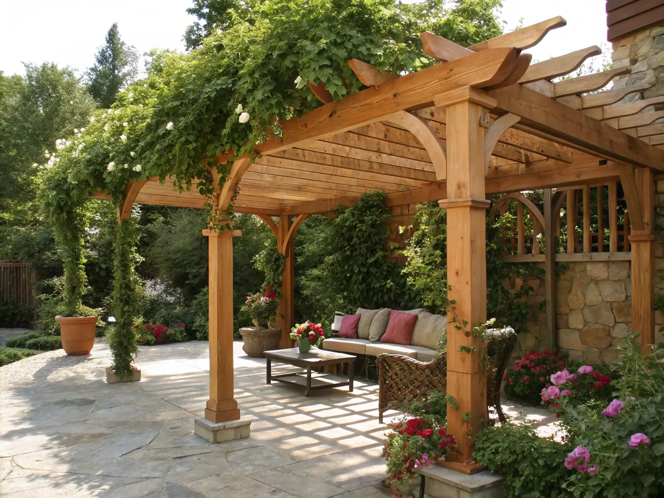 A family enjoying a sunny afternoon on their new patio, complete with a pergola, comfortable lounge chairs, and a built-in barbecue area.