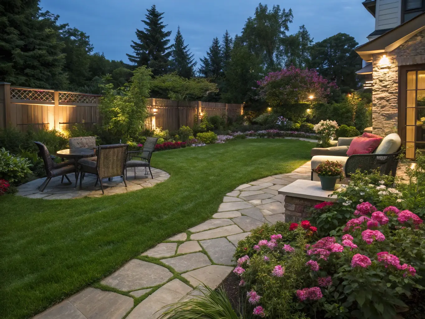 A beautifully landscaped backyard with a custom-built deck, featuring comfortable seating, ambient lighting, and a modern outdoor kitchen, perfect for evening gatherings.