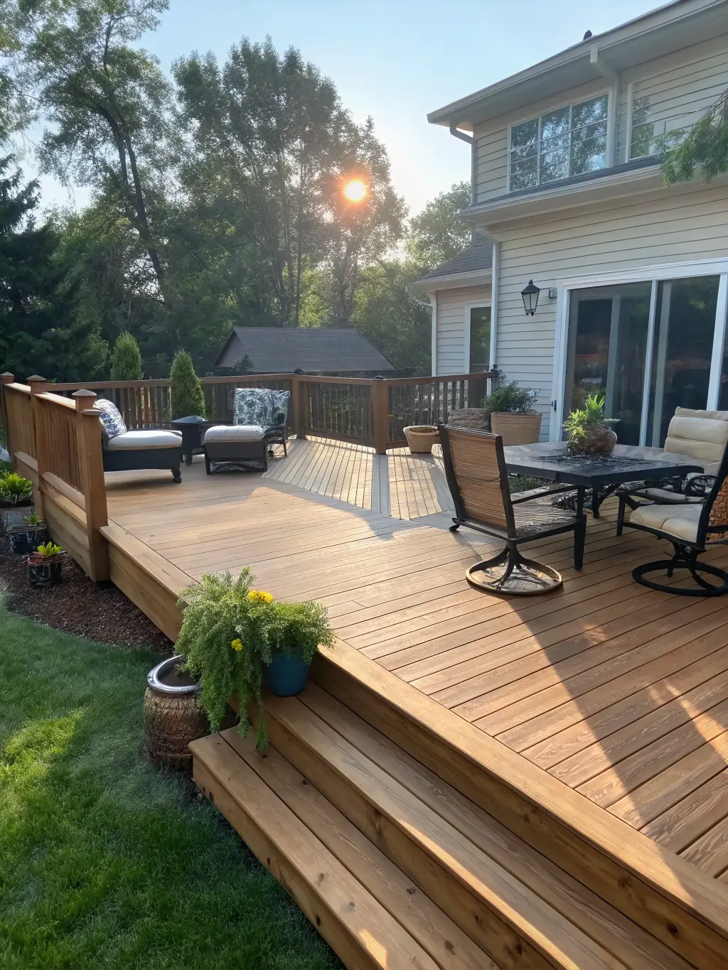 A well-designed and constructed wooden deck with comfortable outdoor furniture, perfect for relaxation and entertainment, demonstrating Granada Design Build's deck design capabilities.