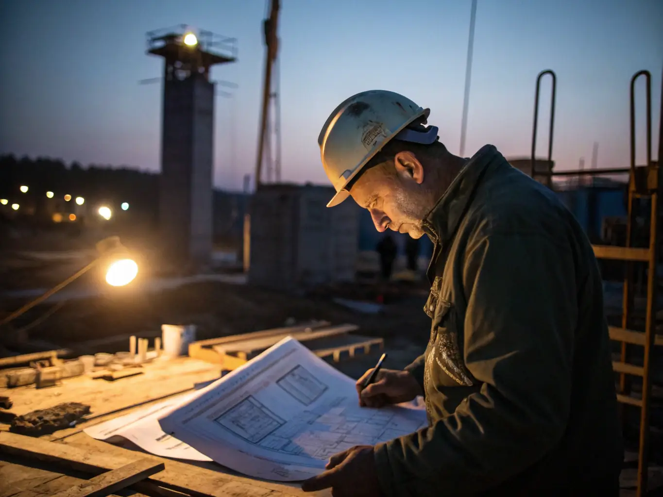 A construction worker reviewing blueprints on a job site, with a partially constructed basement suite in the background, highlighting the importance of accurate planning and adherence to regulations.